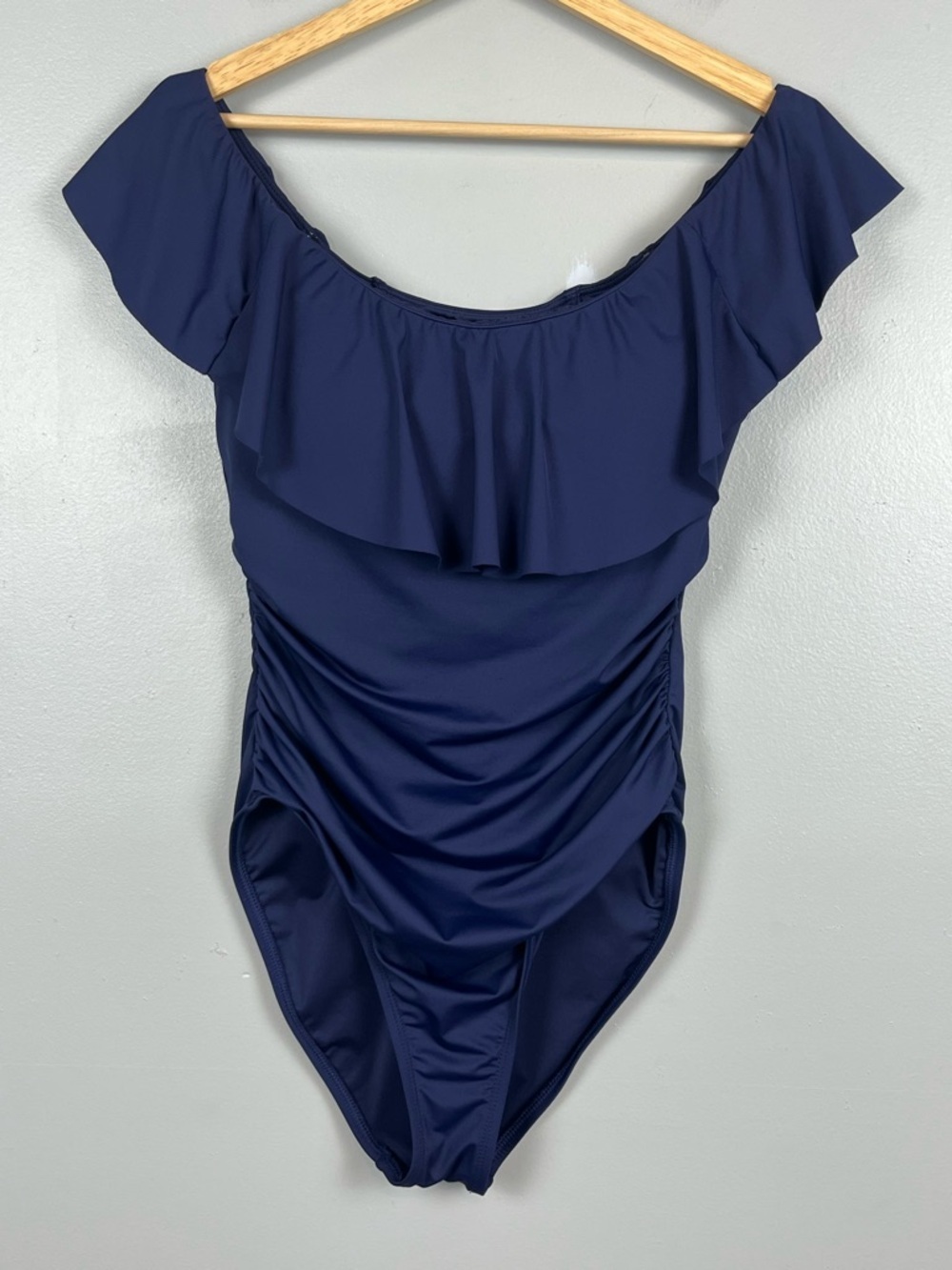 La Blanca blue Island Goddess Off Shoulder Ruffle One Piece swimsuit, US 10. - Picture 2 of 12